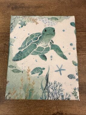 Hand Crafted Sea Turtle Mixed Media Art in Teal and Aqua